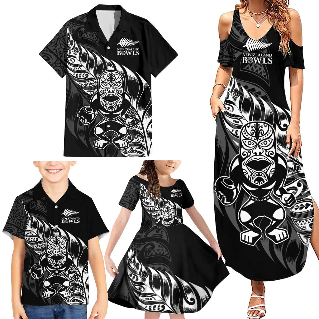 New Zealand Lawn Bowls Custom Family Matching Summer Maxi Dress and Hawaiian Shirt Black Maori Warrior Tribal Silver Fern - Aussie Hoodie