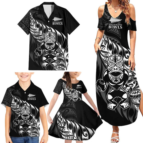 New Zealand Lawn Bowls Custom Family Matching Summer Maxi Dress and Hawaiian Shirt Black Maori Warrior Tribal Silver Fern - Aussie Hoodie