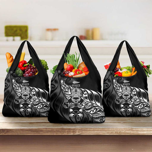 New Zealand Lawn Bowls Grocery Bag Black Maori Warrior Tribal Silver Fern - Aussie Hoodie