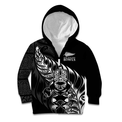 New Zealand Lawn Bowls Custom Kid Hoodie Black Maori Warrior Tribal Silver Fern - Aussie Hoodie
