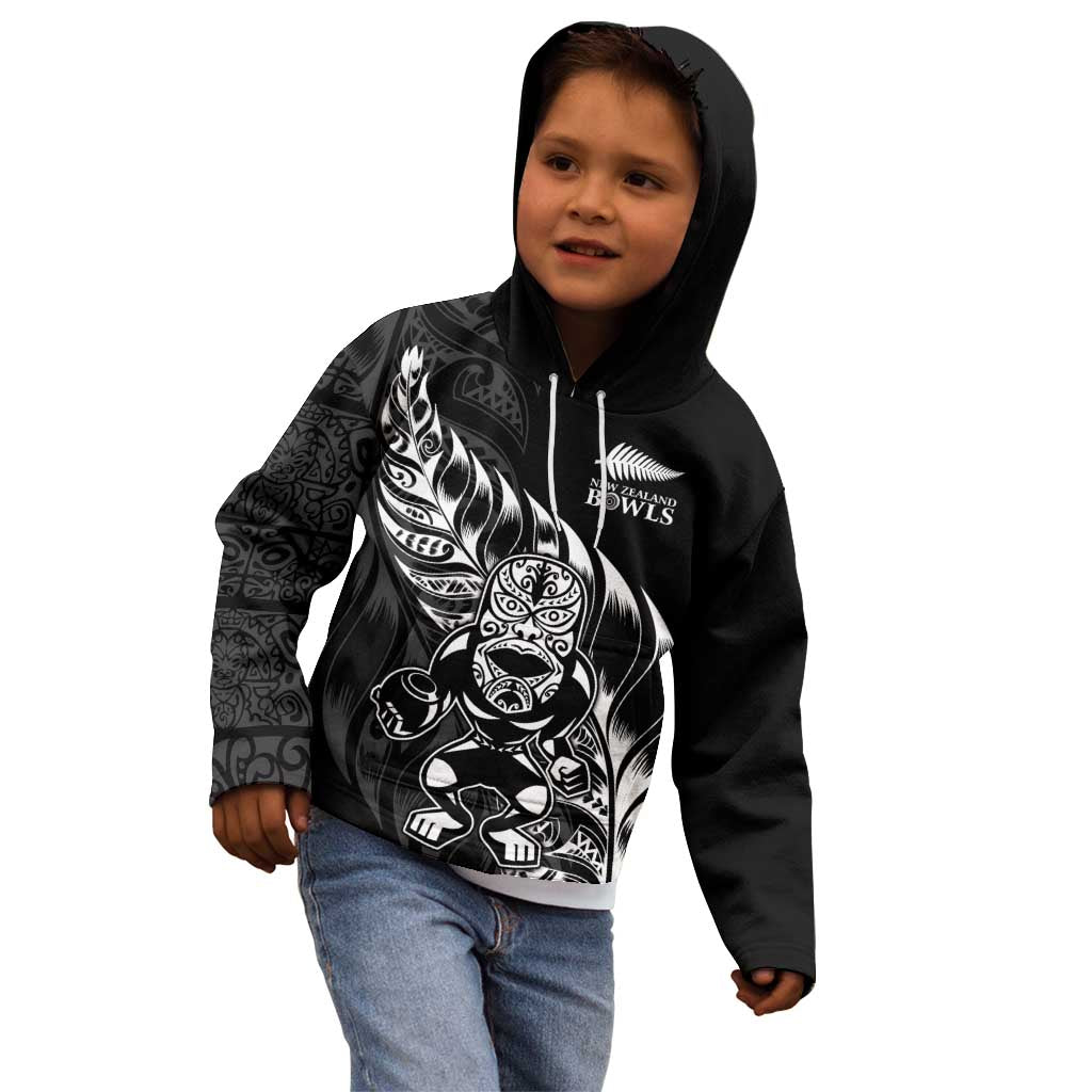 New Zealand Lawn Bowls Custom Kid Hoodie Black Maori Warrior Tribal Silver Fern - Aussie Hoodie