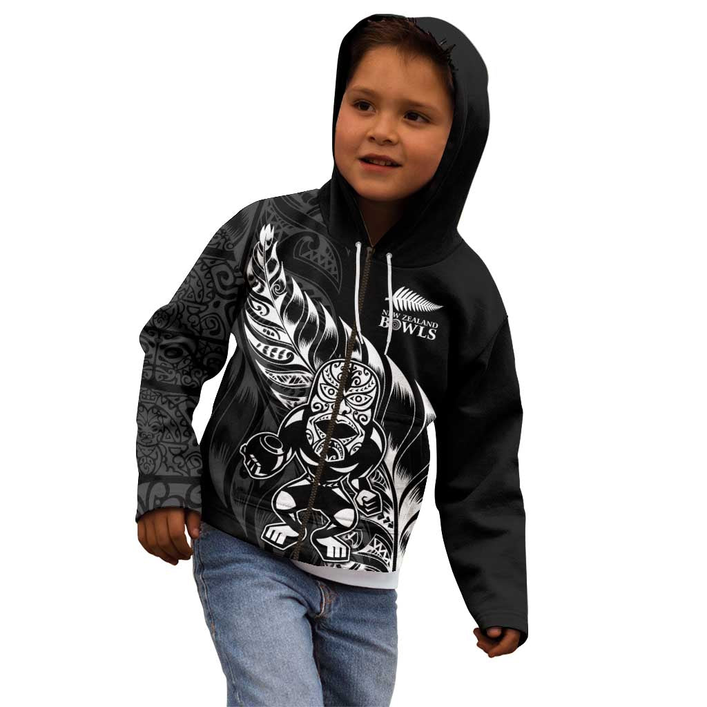 New Zealand Lawn Bowls Custom Kid Hoodie Black Maori Warrior Tribal Silver Fern - Aussie Hoodie