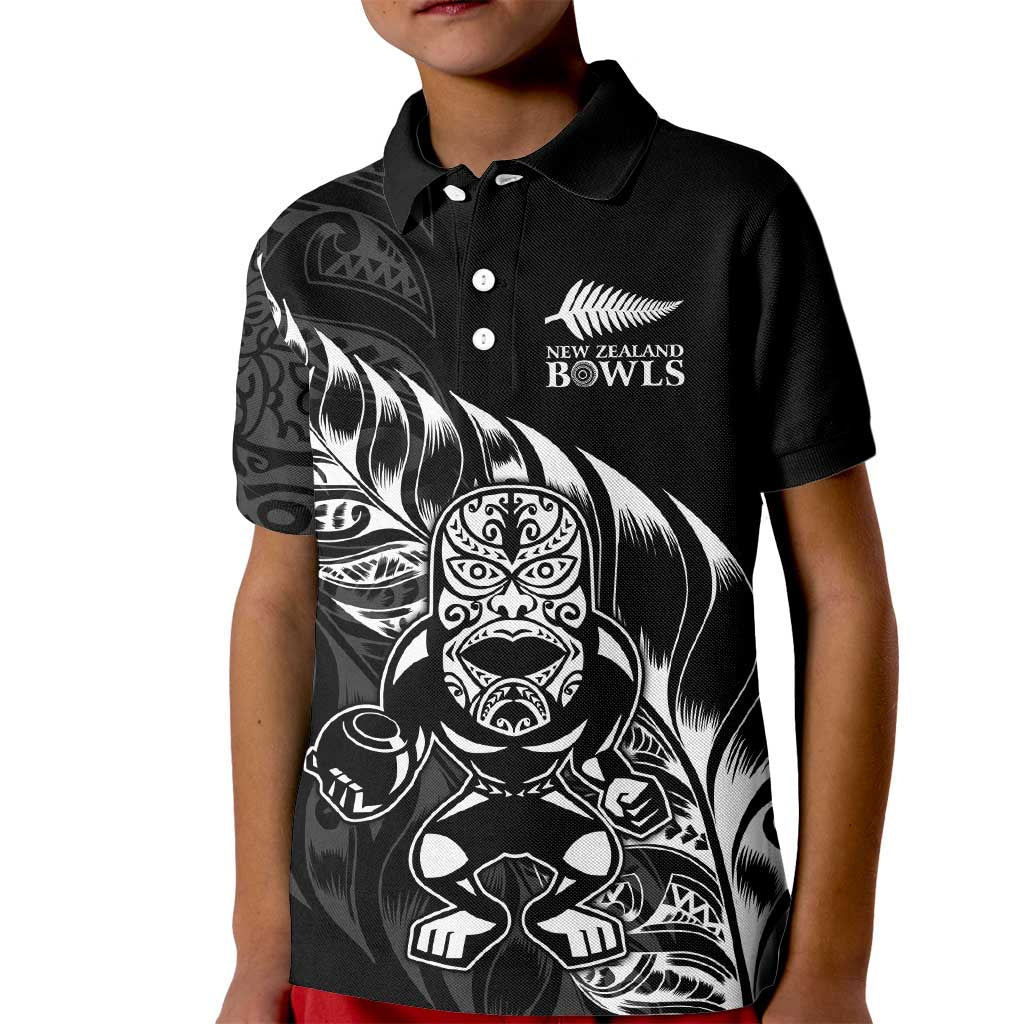 New Zealand Lawn Bowls Custom Kid Polo Shirt Black Maori Warrior Tribal Silver Fern - Aussie Hoodie