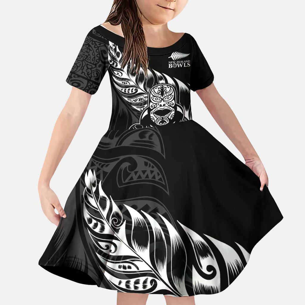New Zealand Lawn Bowls Custom Kid Short Sleeve Dress Black Maori Warrior Tribal Silver Fern - Aussie Hoodie