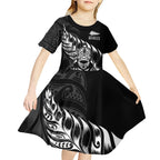 New Zealand Lawn Bowls Custom Kid Short Sleeve Dress Black Maori Warrior Tribal Silver Fern - Aussie Hoodie