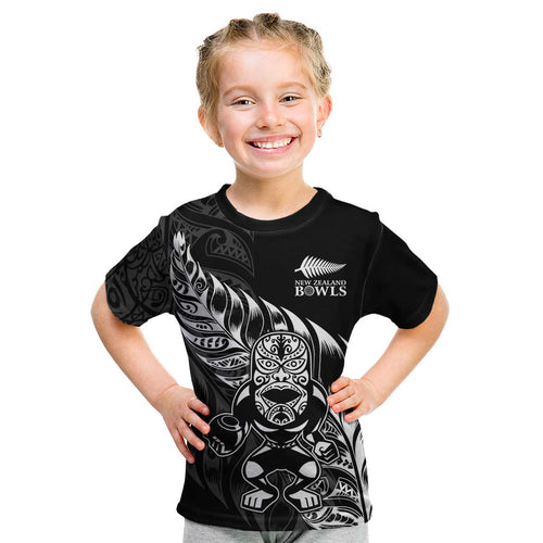 New Zealand Lawn Bowls Custom Kid T Shirt Black Maori Warrior Tribal Silver Fern - Aussie Hoodie
