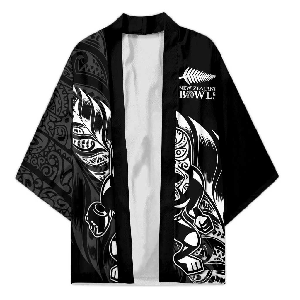 New Zealand Lawn Bowls Custom Kimono Black Maori Warrior Tribal Silver Fern - Aussie Hoodie