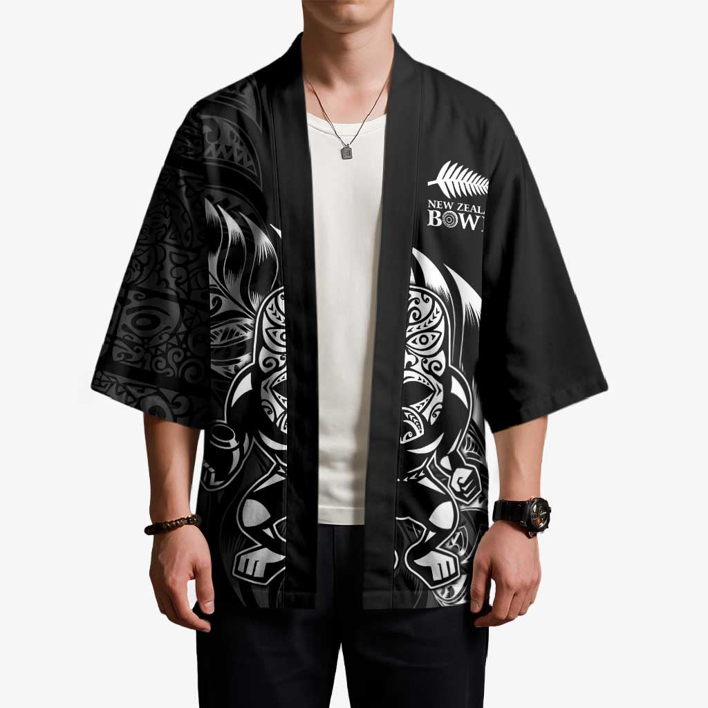 New Zealand Lawn Bowls Custom Kimono Black Maori Warrior Tribal Silver Fern - Aussie Hoodie