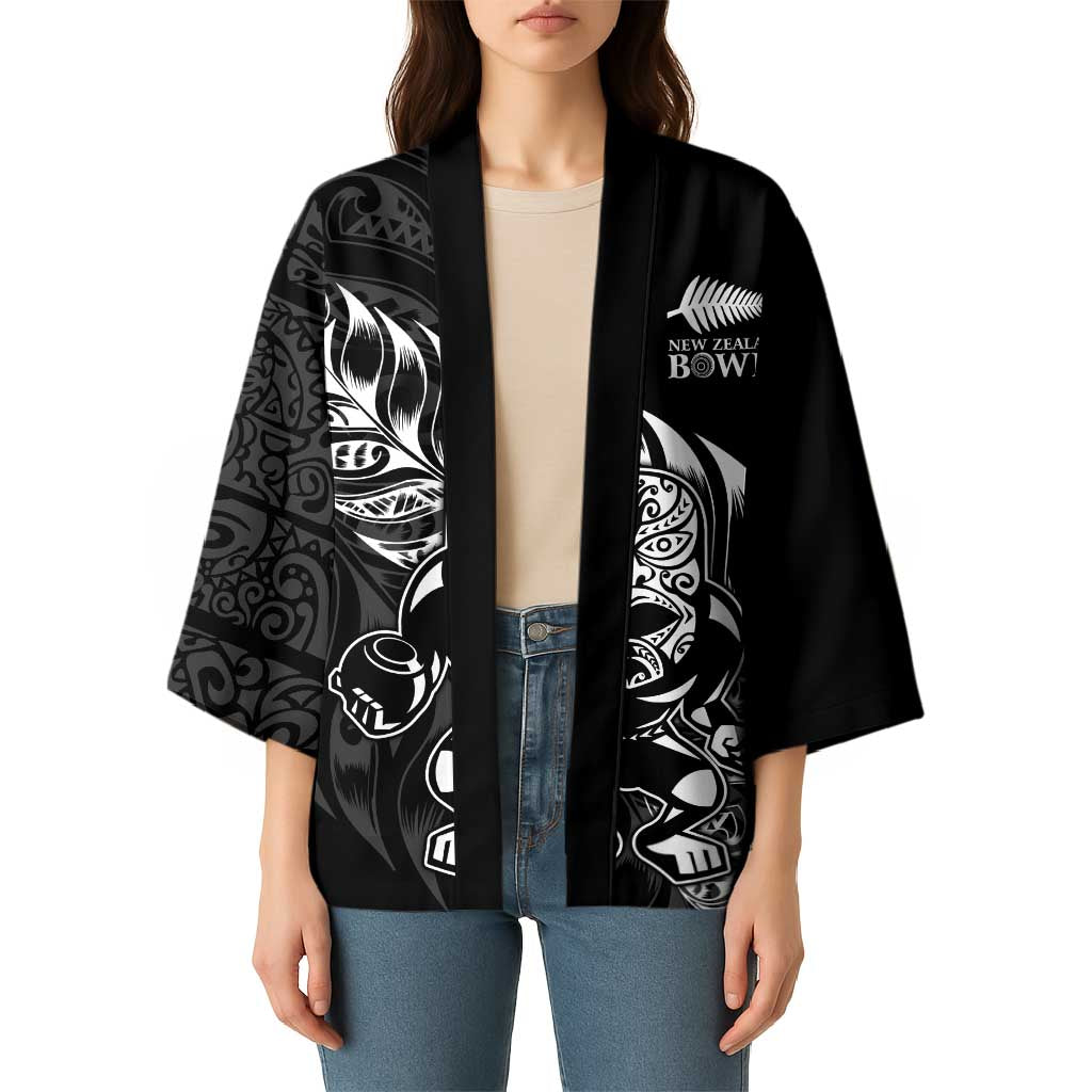 New Zealand Lawn Bowls Custom Kimono Black Maori Warrior Tribal Silver Fern - Aussie Hoodie