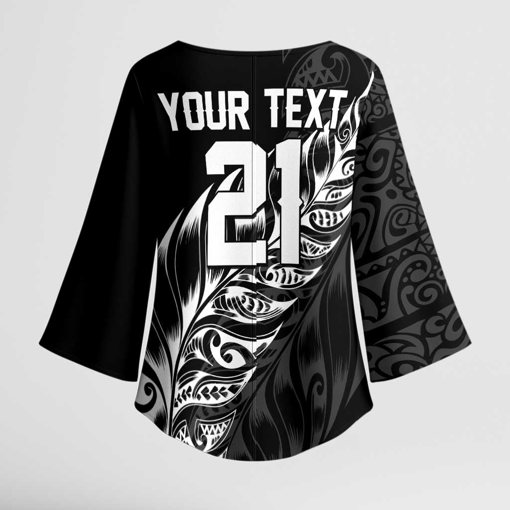 New Zealand Lawn Bowls Custom Kimono Sleeve Blouse Black Maori Warrior Tribal Silver Fern - Aussie Hoodie
