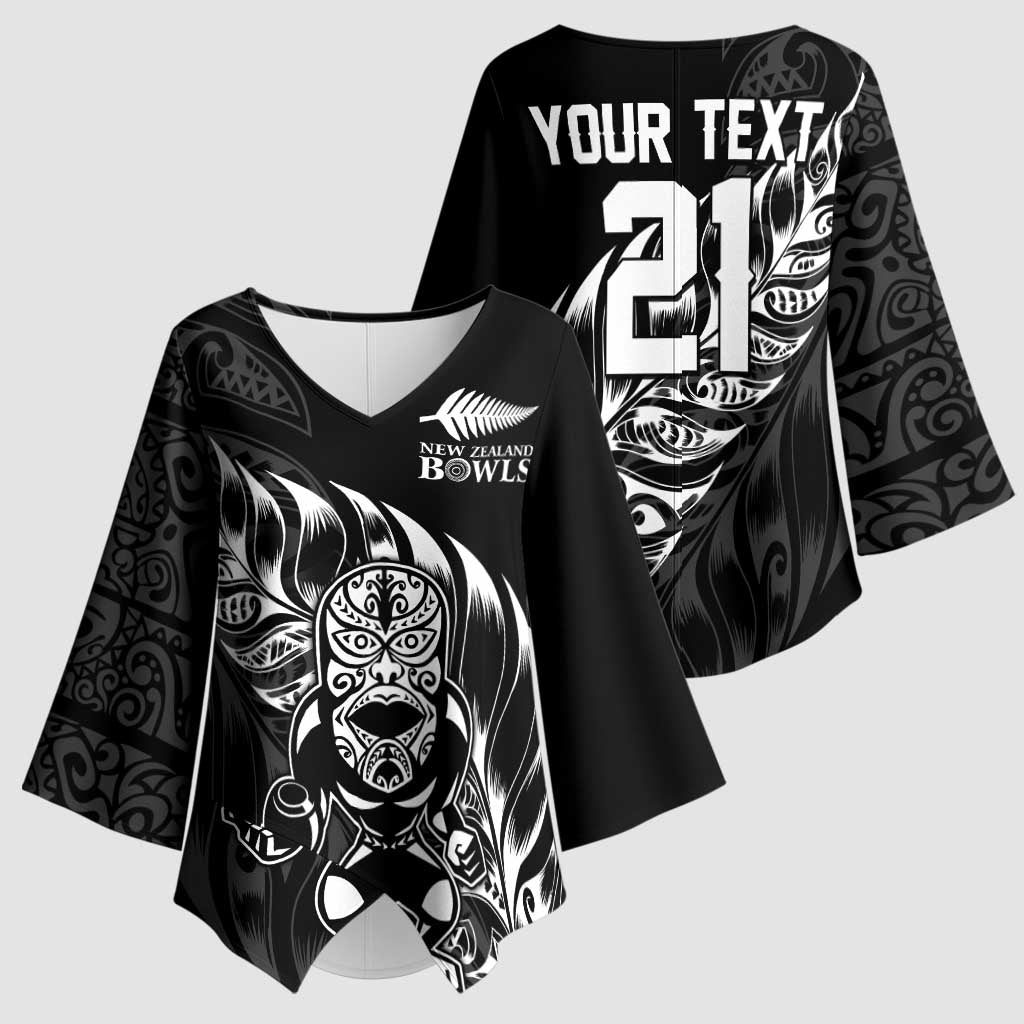 New Zealand Lawn Bowls Custom Kimono Sleeve Blouse Black Maori Warrior Tribal Silver Fern - Aussie Hoodie