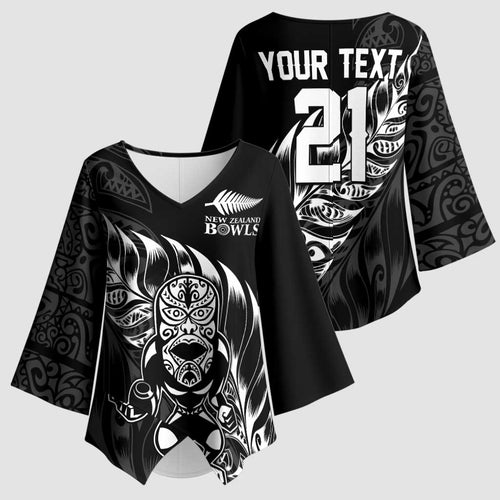 New Zealand Lawn Bowls Custom Kimono Sleeve Blouse Black Maori Warrior Tribal Silver Fern - Aussie Hoodie