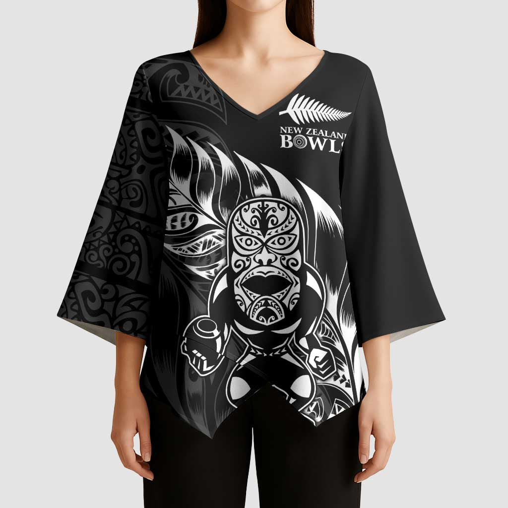 New Zealand Lawn Bowls Custom Kimono Sleeve Blouse Black Maori Warrior Tribal Silver Fern - Aussie Hoodie