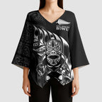 New Zealand Lawn Bowls Custom Kimono Sleeve Blouse Black Maori Warrior Tribal Silver Fern - Aussie Hoodie