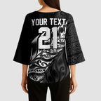 New Zealand Lawn Bowls Custom Kimono Sleeve Blouse Black Maori Warrior Tribal Silver Fern - Aussie Hoodie