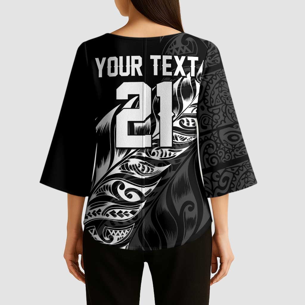 New Zealand Lawn Bowls Custom Kimono Sleeve Blouse Black Maori Warrior Tribal Silver Fern - Aussie Hoodie