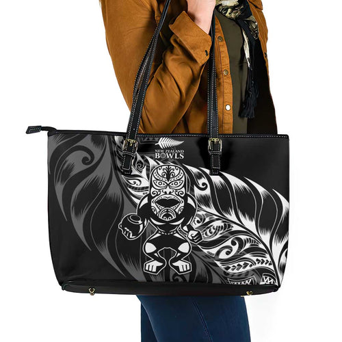 New Zealand Lawn Bowls Leather Tote Bag Black Maori Warrior Tribal Silver Fern - Aussie Hoodie