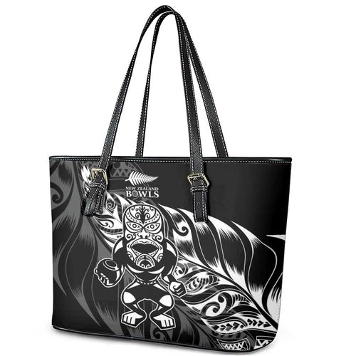 New Zealand Lawn Bowls Leather Tote Bag Black Maori Warrior Tribal Silver Fern - Aussie Hoodie