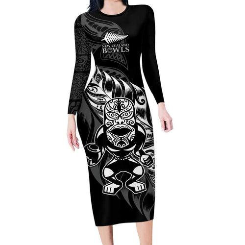 New Zealand Lawn Bowls Custom Long Sleeve Bodycon Dress Black Maori Warrior Tribal Silver Fern - Aussie Hoodie