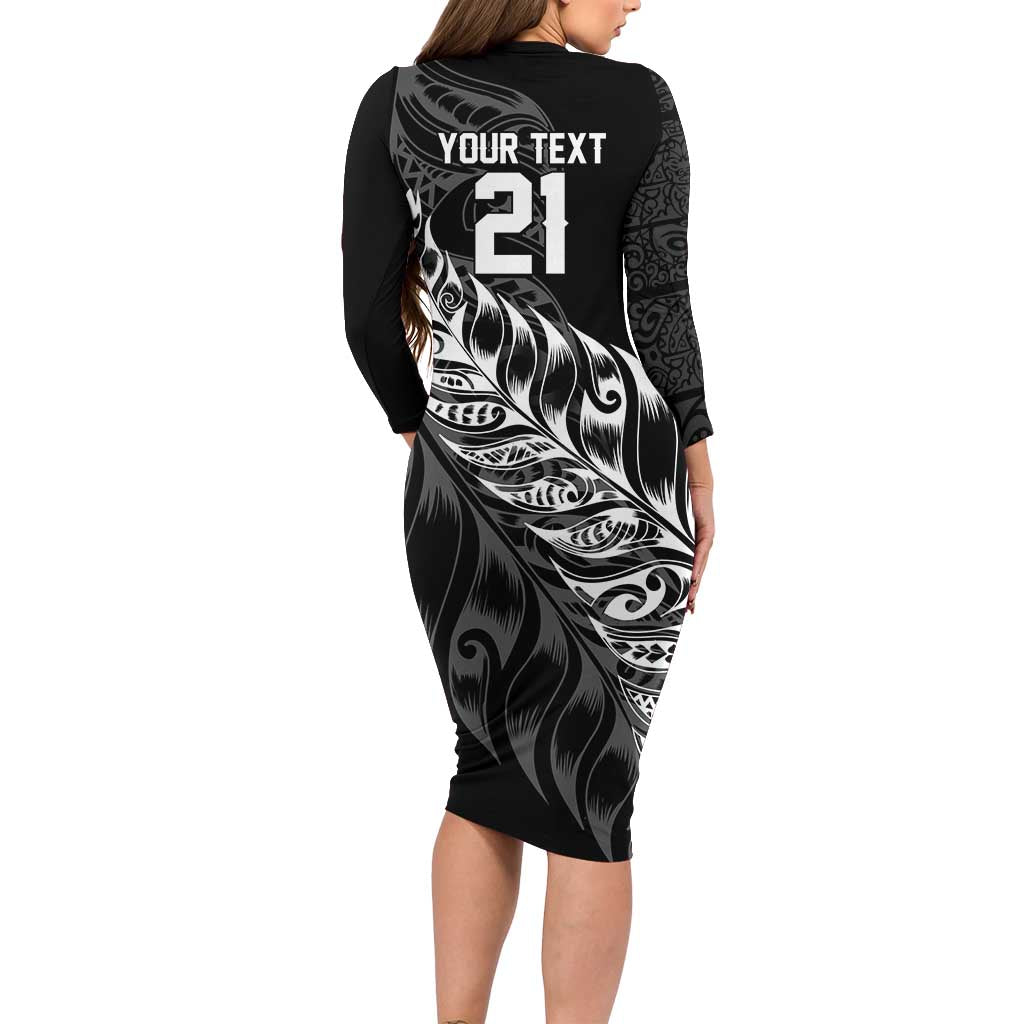 New Zealand Lawn Bowls Custom Long Sleeve Bodycon Dress Black Maori Warrior Tribal Silver Fern - Aussie Hoodie