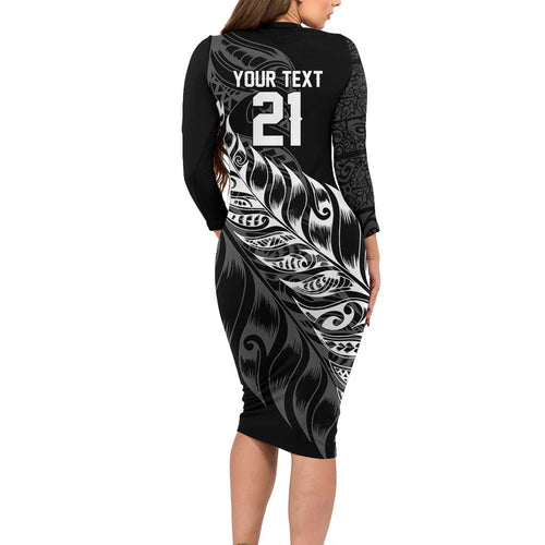New Zealand Lawn Bowls Custom Long Sleeve Bodycon Dress Black Maori Warrior Tribal Silver Fern - Aussie Hoodie
