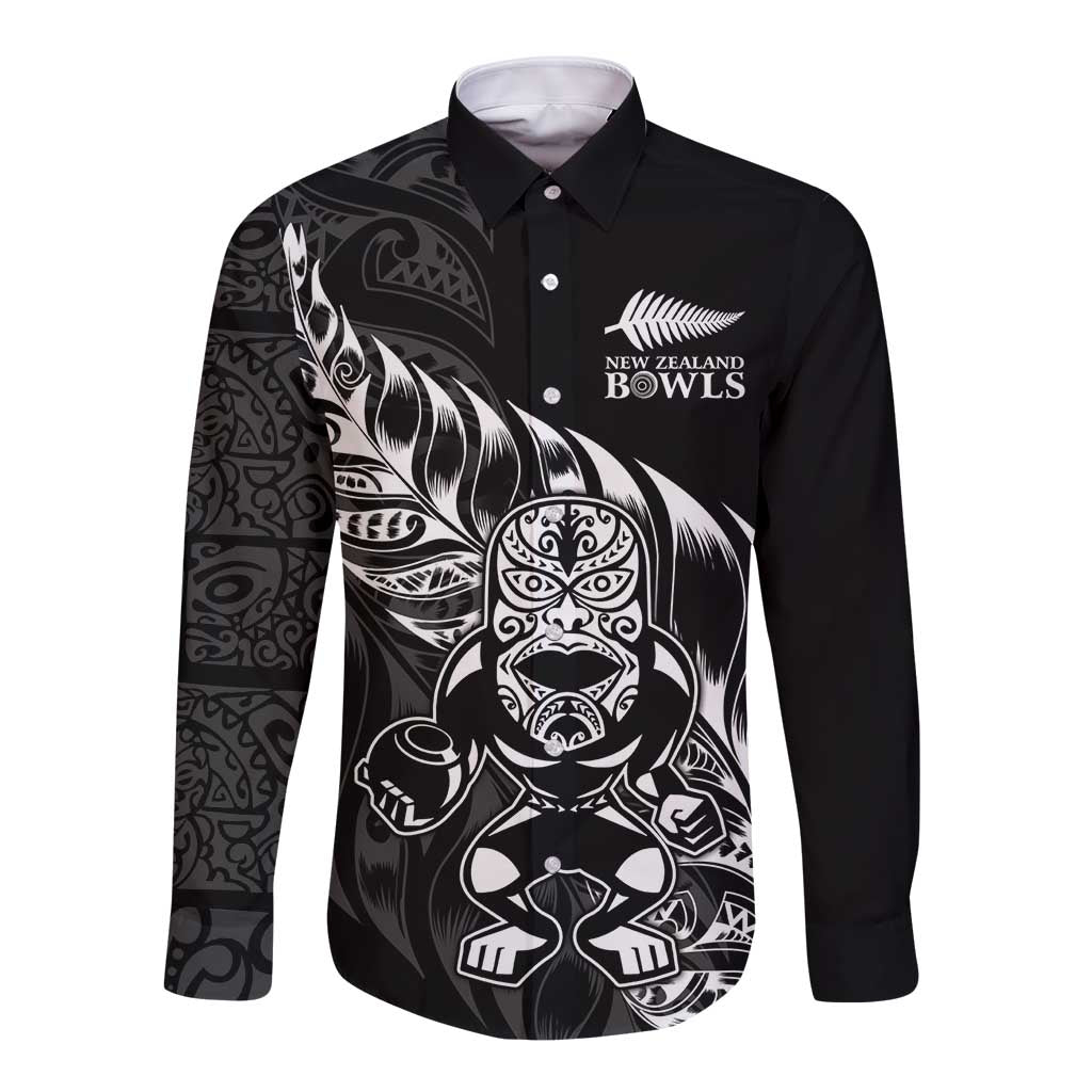 New Zealand Lawn Bowls Custom Long Sleeve Button Shirt Black Maori Warrior Tribal Silver Fern - Aussie Hoodie