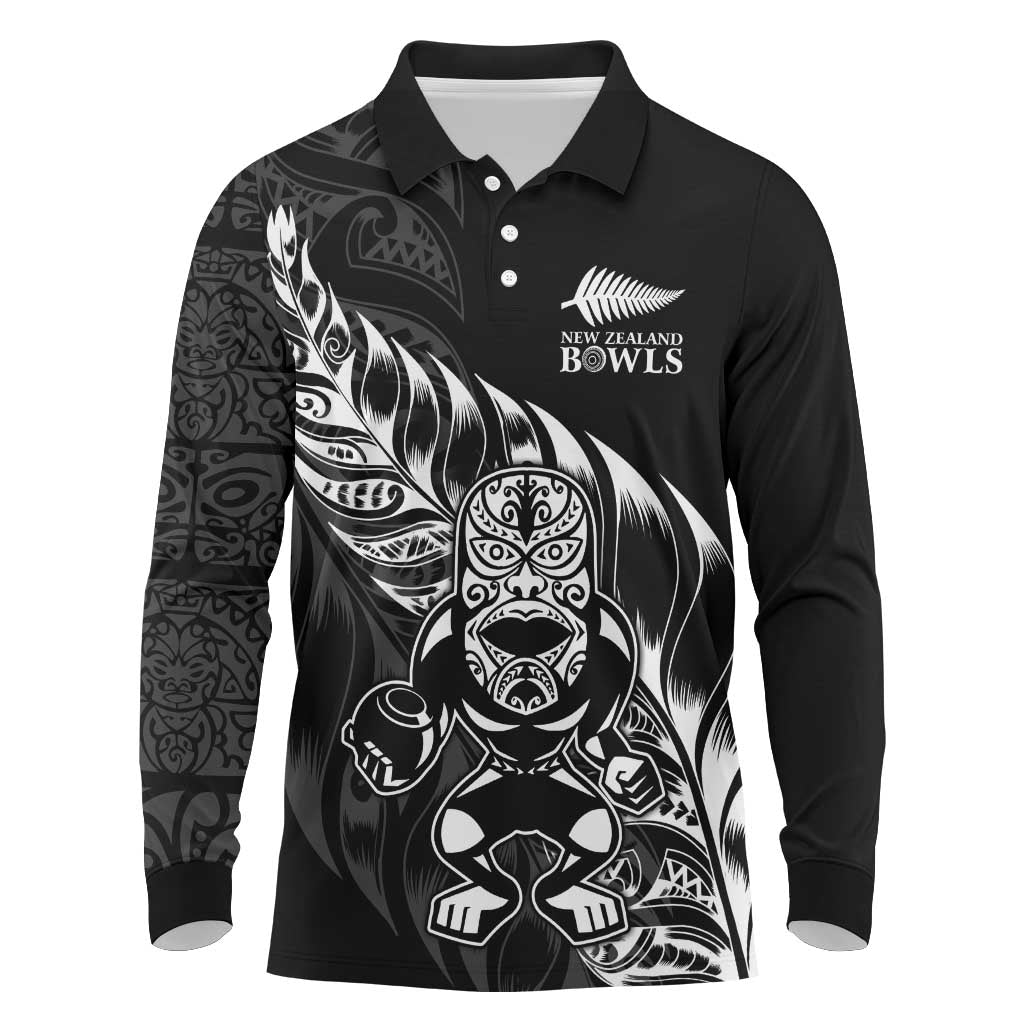 New Zealand Lawn Bowls Custom Long Sleeve Polo Shirt Black Maori Warrior Tribal Silver Fern - Aussie Hoodie