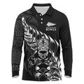 New Zealand Lawn Bowls Custom Long Sleeve Polo Shirt Black Maori Warrior Tribal Silver Fern - Aussie Hoodie