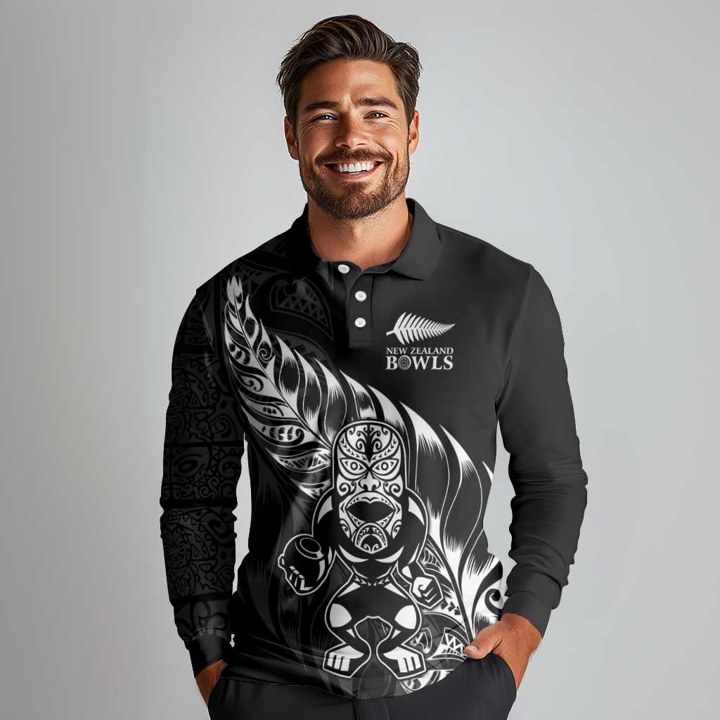 New Zealand Lawn Bowls Custom Long Sleeve Polo Shirt Black Maori Warrior Tribal Silver Fern - Aussie Hoodie
