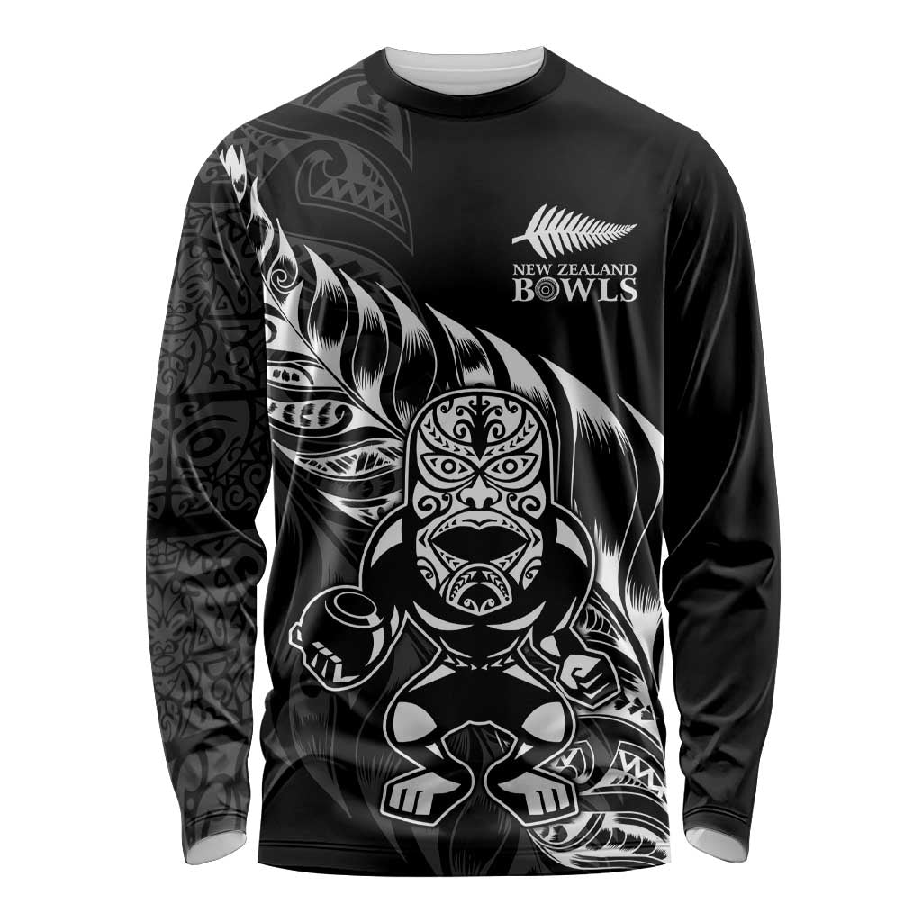 New Zealand Lawn Bowls Custom Long Sleeve Shirt Black Maori Warrior Tribal Silver Fern - Aussie Hoodie