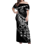 New Zealand Lawn Bowls Custom Off Shoulder Maxi Dress Black Maori Warrior Tribal Silver Fern - Aussie Hoodie