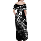 New Zealand Lawn Bowls Custom Off Shoulder Maxi Dress Black Maori Warrior Tribal Silver Fern - Aussie Hoodie