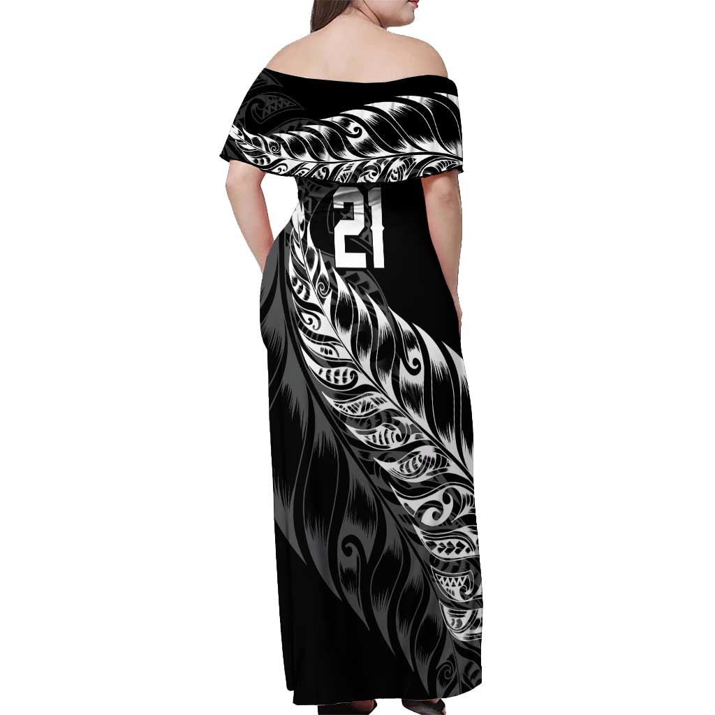 New Zealand Lawn Bowls Custom Off Shoulder Maxi Dress Black Maori Warrior Tribal Silver Fern - Aussie Hoodie