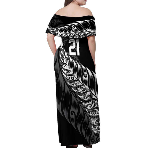 New Zealand Lawn Bowls Custom Off Shoulder Maxi Dress Black Maori Warrior Tribal Silver Fern - Aussie Hoodie