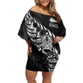 New Zealand Lawn Bowls Custom Off Shoulder Short Dress Black Maori Warrior Tribal Silver Fern - Aussie Hoodie