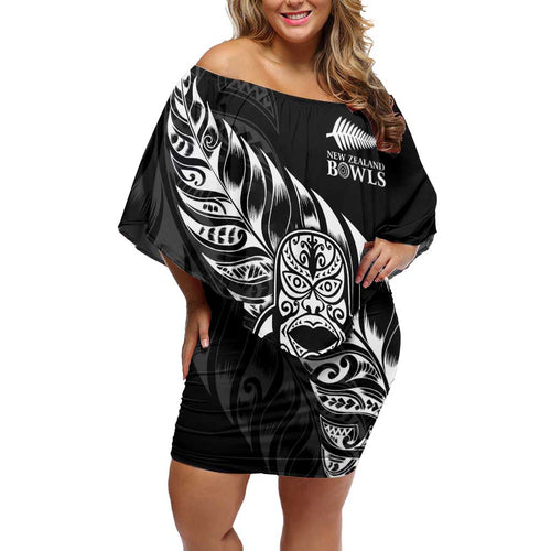 New Zealand Lawn Bowls Custom Off Shoulder Short Dress Black Maori Warrior Tribal Silver Fern - Aussie Hoodie