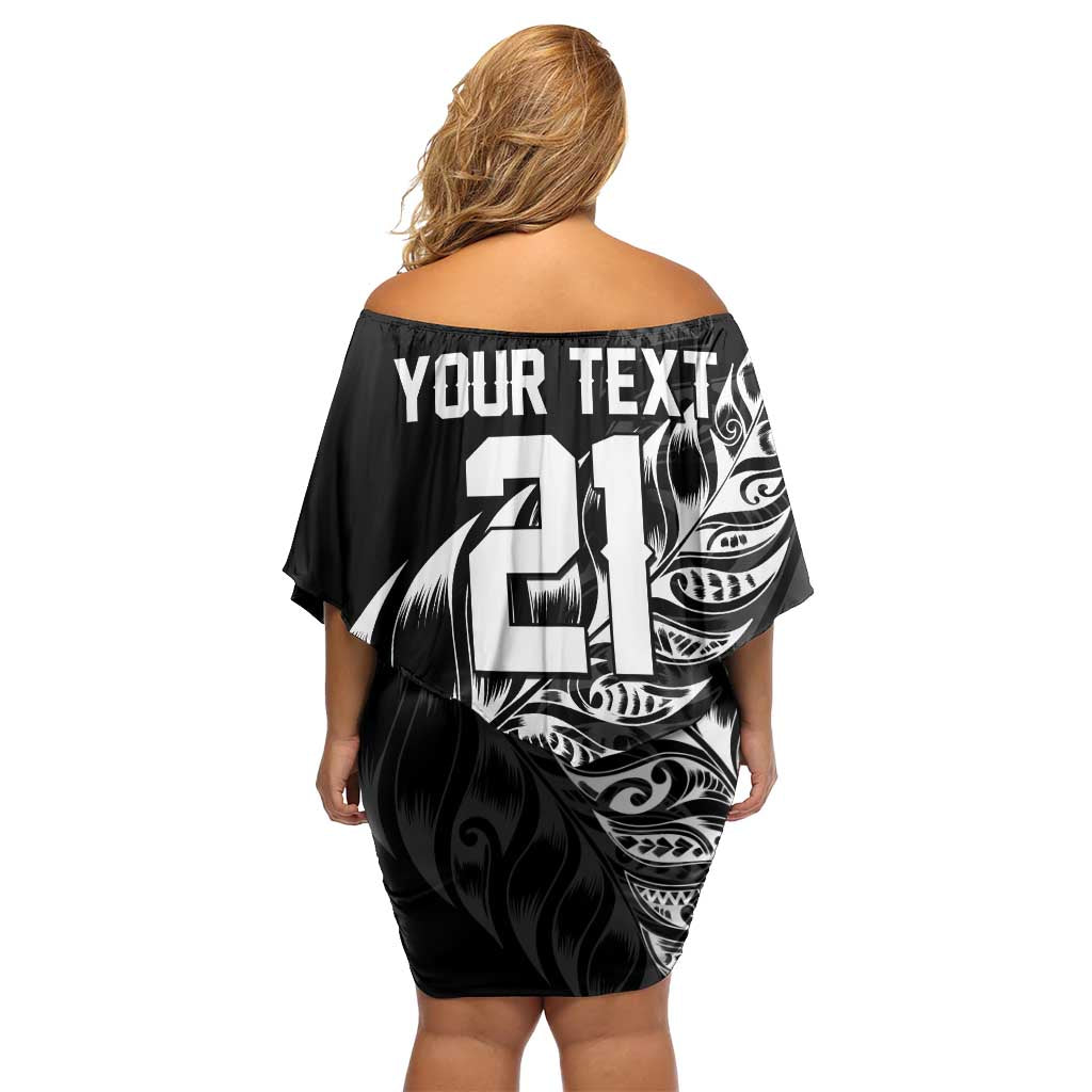 New Zealand Lawn Bowls Custom Off Shoulder Short Dress Black Maori Warrior Tribal Silver Fern - Aussie Hoodie