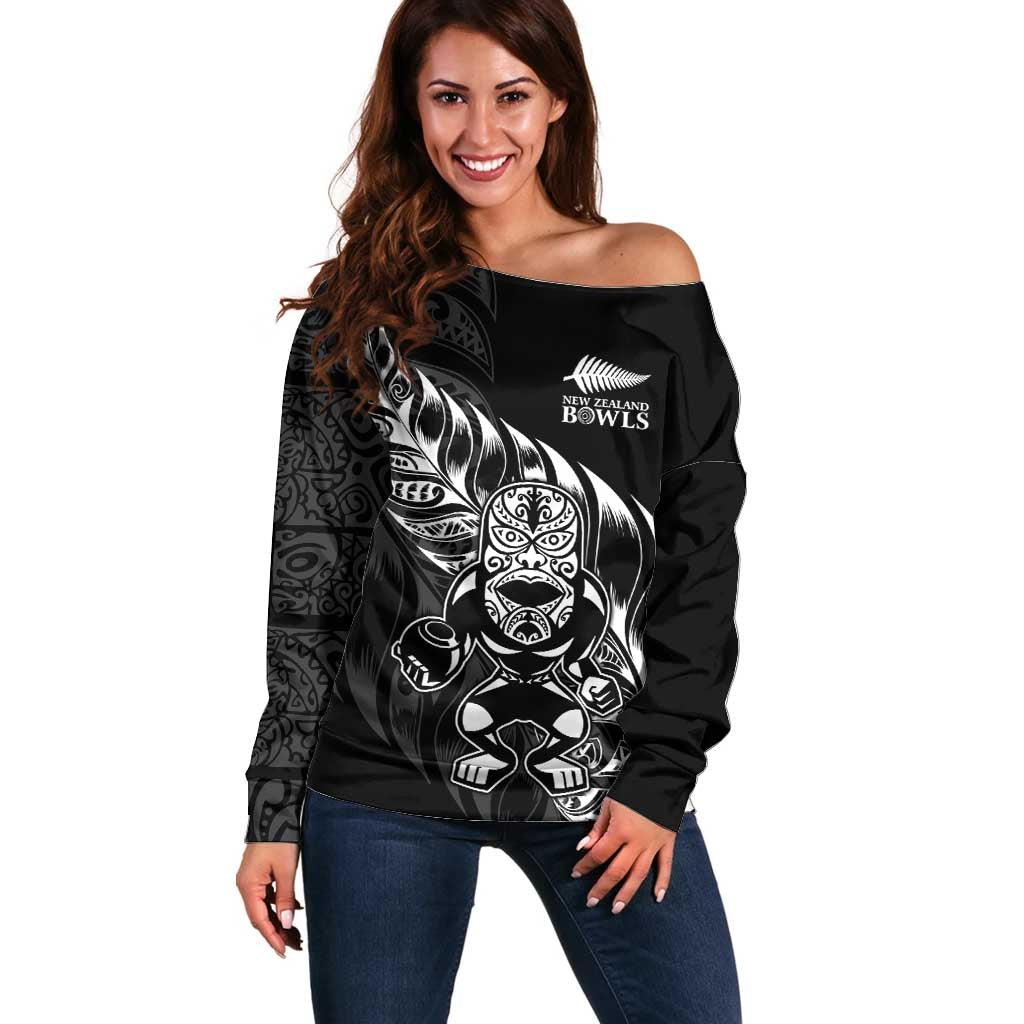 New Zealand Lawn Bowls Custom Off Shoulder Sweater Black Maori Warrior Tribal Silver Fern - Aussie Hoodie