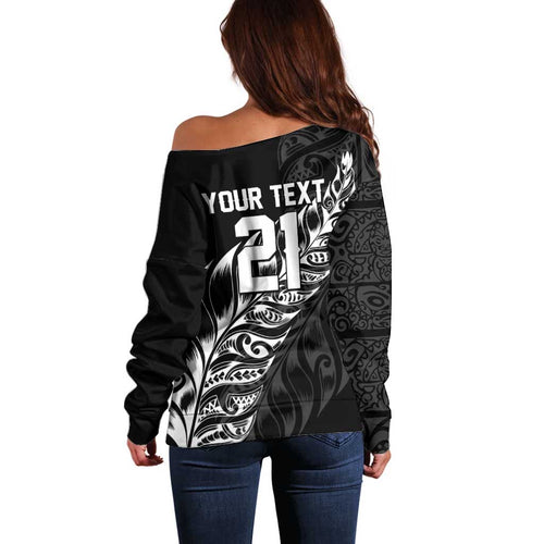 New Zealand Lawn Bowls Custom Off Shoulder Sweater Black Maori Warrior Tribal Silver Fern - Aussie Hoodie