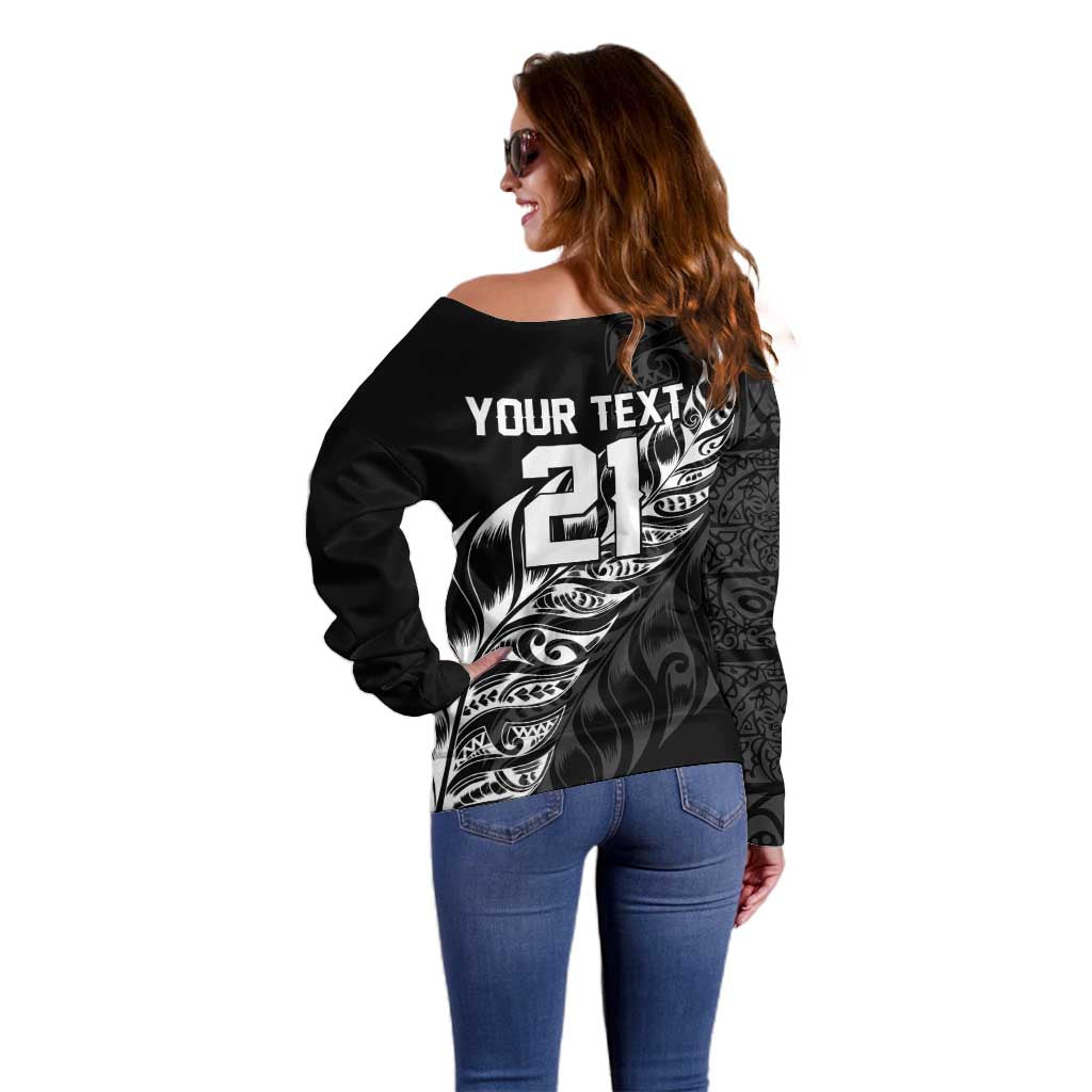 New Zealand Lawn Bowls Custom Off Shoulder Sweater Black Maori Warrior Tribal Silver Fern - Aussie Hoodie