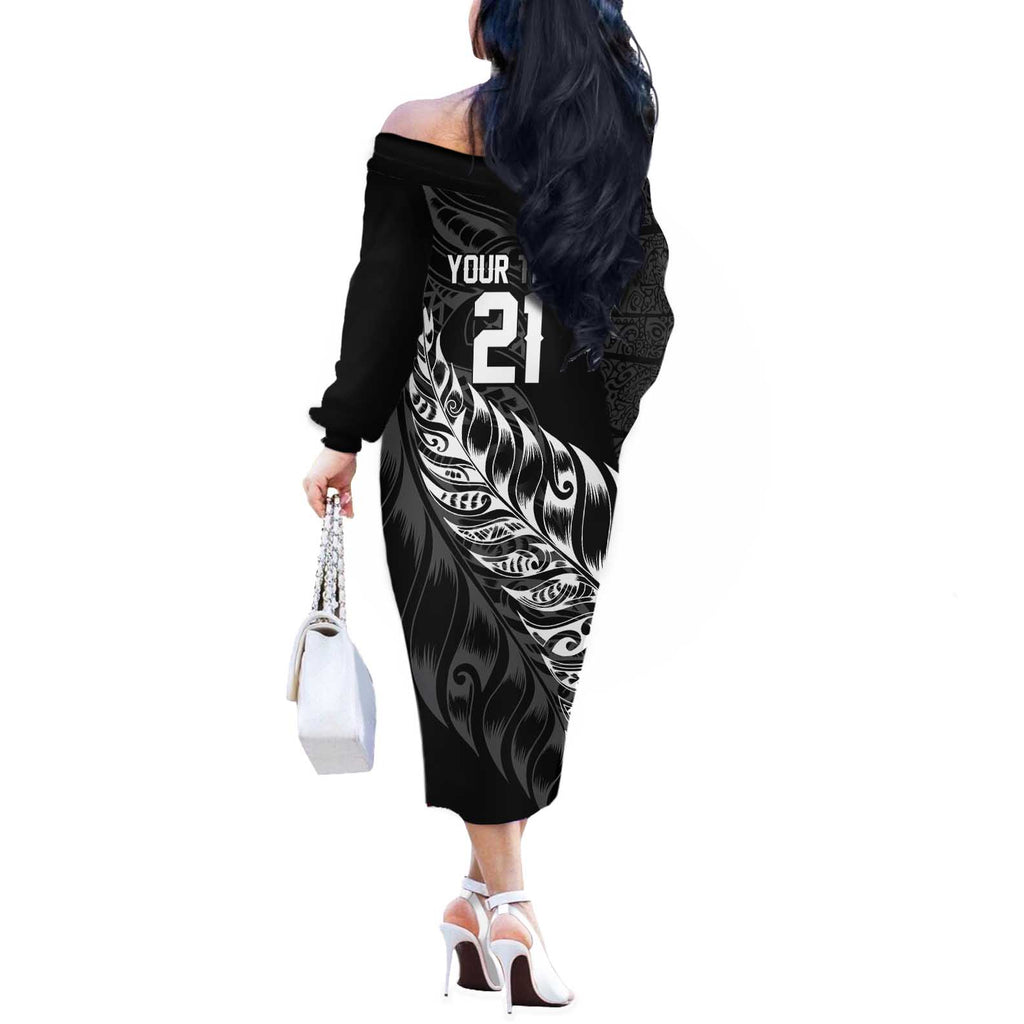 New Zealand Lawn Bowls Custom Off The Shoulder Long Sleeve Dress Black Maori Warrior Tribal Silver Fern - Aussie Hoodie