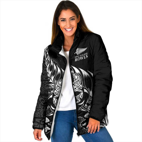 New Zealand Lawn Bowls Custom Padded Jacket Black Maori Warrior Tribal Silver Fern - Aussie Hoodie