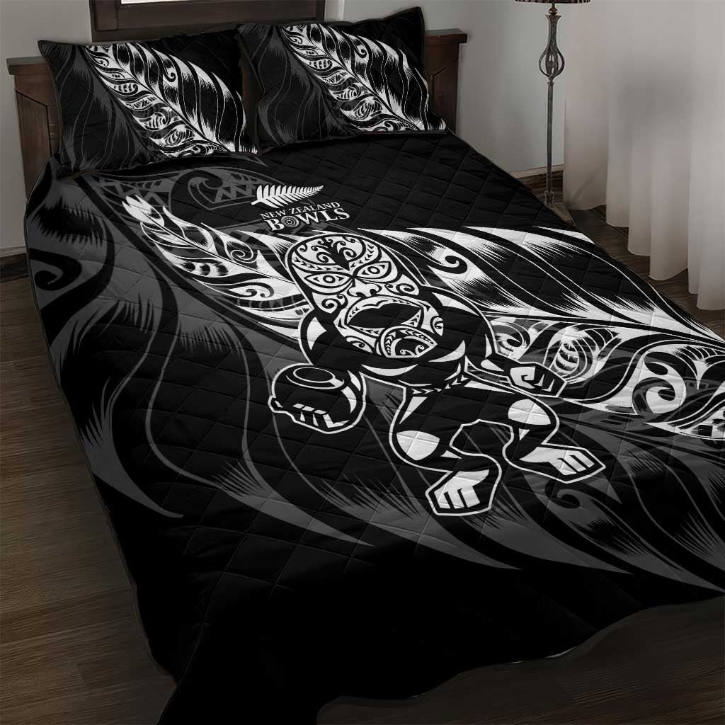 New Zealand Lawn Bowls Quilt Bed Set Black Maori Warrior Tribal Silver Fern - Aussie Hoodie