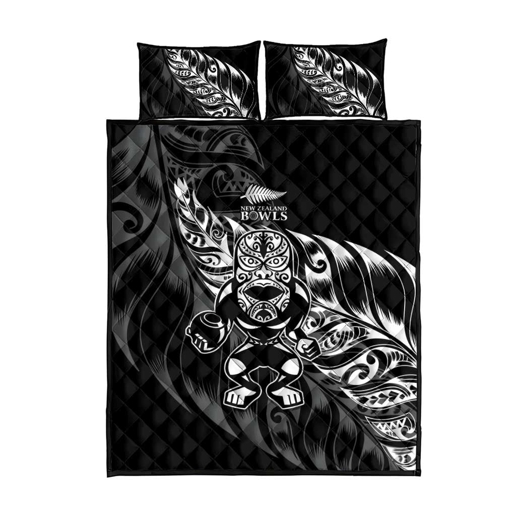 New Zealand Lawn Bowls Quilt Bed Set Black Maori Warrior Tribal Silver Fern - Aussie Hoodie