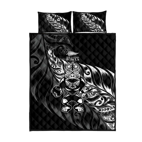 New Zealand Lawn Bowls Quilt Bed Set Black Maori Warrior Tribal Silver Fern - Aussie Hoodie