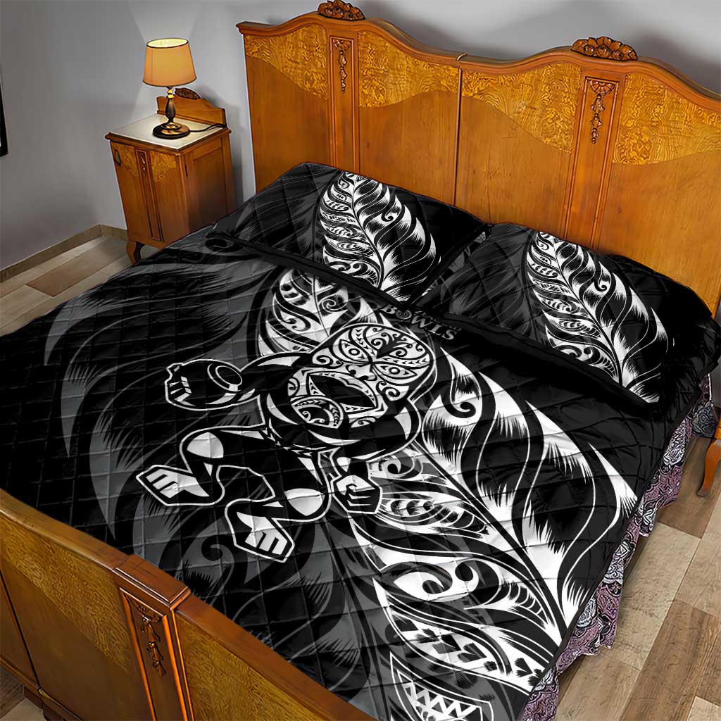 New Zealand Lawn Bowls Quilt Bed Set Black Maori Warrior Tribal Silver Fern - Aussie Hoodie