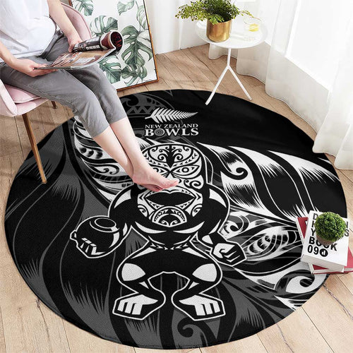 New Zealand Lawn Bowls Round Carpet Black Maori Warrior Tribal Silver Fern - Aussie Hoodie