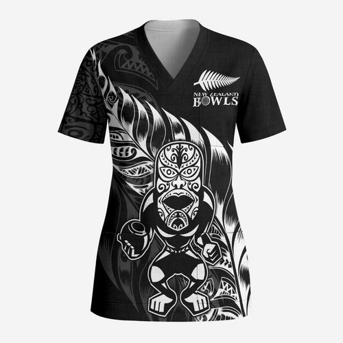 New Zealand Lawn Bowls Custom Scrub Top Black Maori Warrior Tribal Silver Fern - Aussie Hoodie