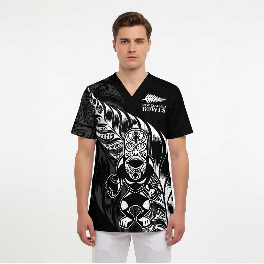 New Zealand Lawn Bowls Custom Scrub Top Black Maori Warrior Tribal Silver Fern - Aussie Hoodie
