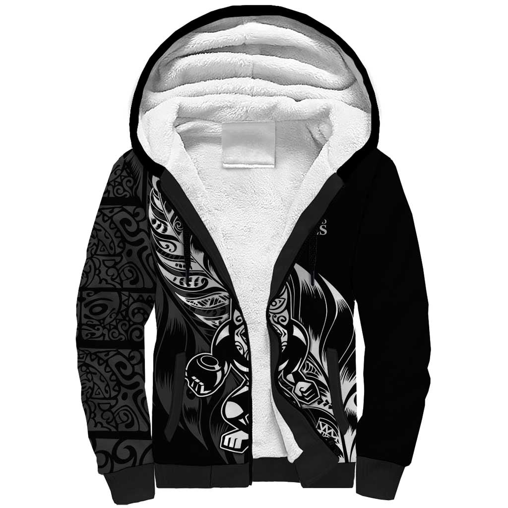 New Zealand Lawn Bowls Custom Sherpa Hoodie Black Maori Warrior Tribal Silver Fern - Aussie Hoodie